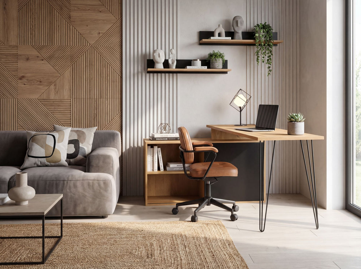Bureau MDF 130cm Eiken Decor Zwart L-vorm met Plank - Design Hoekbureau met Kast
