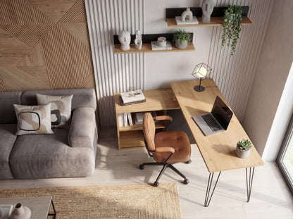 Bureau MDF 130cm Eiken Decor Zwart L-vorm met Plank - Design Hoekbureau met Kast