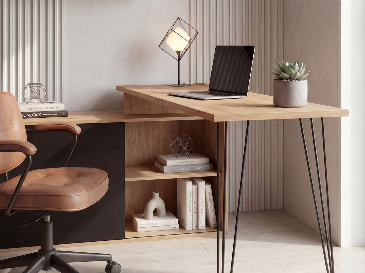 Bureau MDF 130cm Eiken Decor Zwart L-vorm met Plank - Design Hoekbureau met Kast