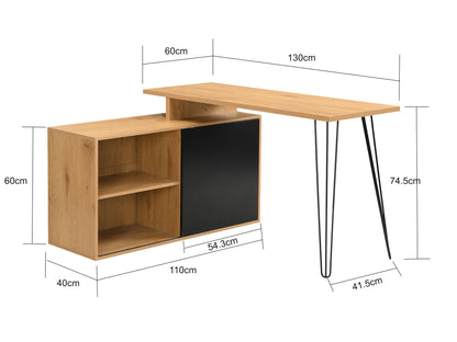 Bureau MDF 130cm Eiken Decor Zwart L-vorm met Plank - Design Hoekbureau met Kast