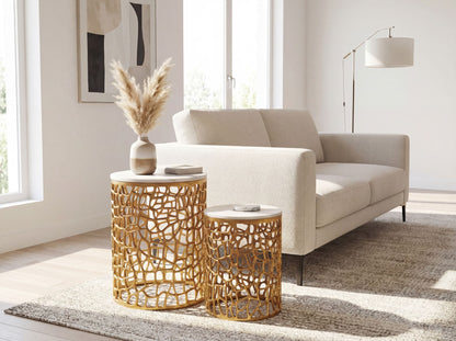 2-delige salontafelset goud met wit marmeren tafelblad