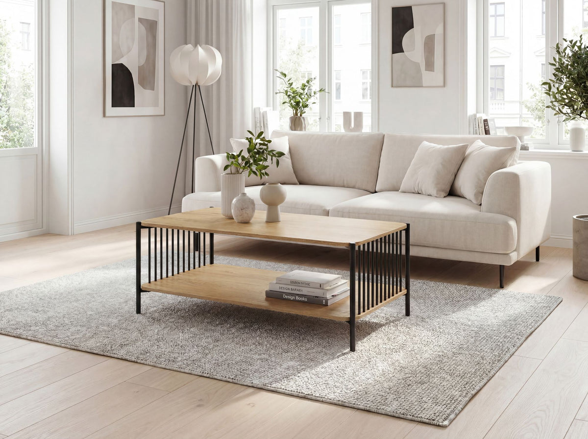 Salontafel 110x60cm Eikenlook Zwart Rechthoekig - Design Sofatafel Metaal