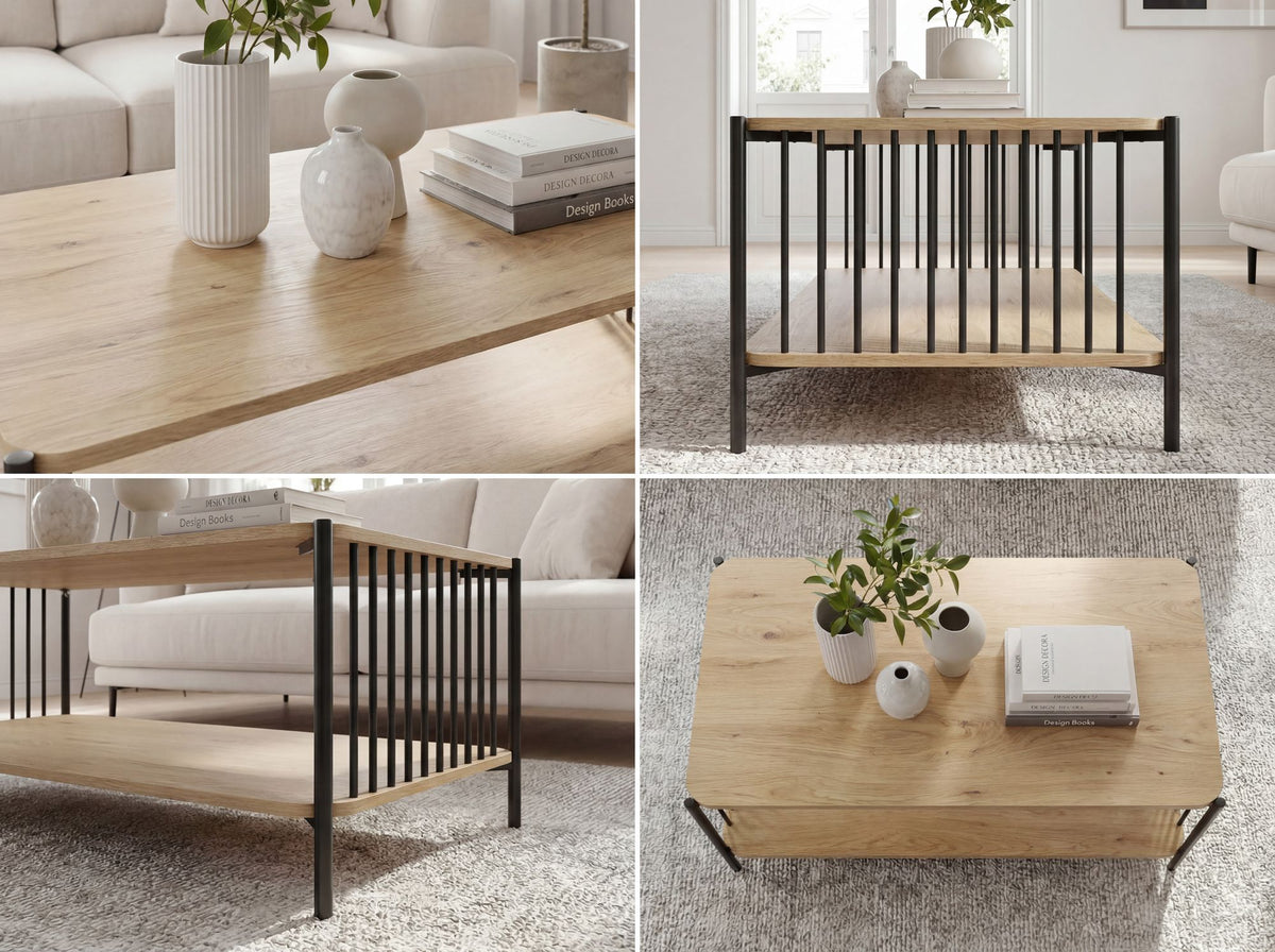 Salontafel 110x60cm Eikenlook Zwart Rechthoekig - Design Sofatafel Metaal
