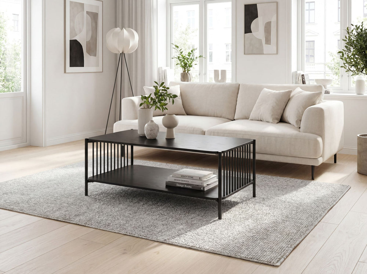 Salontafel 110x60cm Eiken Look Zwart Rechthoekig - Design Metaal