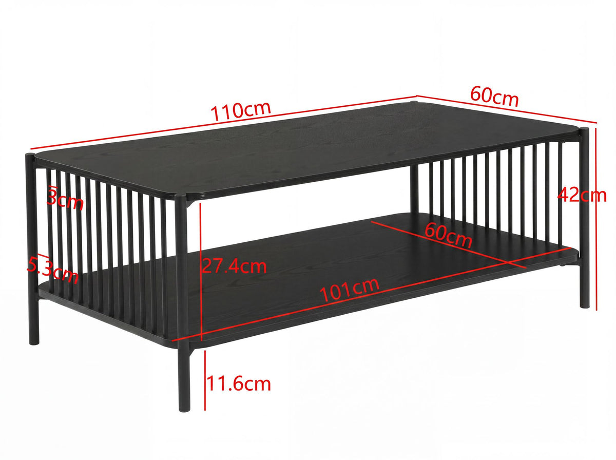 Salontafel 110x60cm Eiken Look Zwart Rechthoekig - Design Metaal
