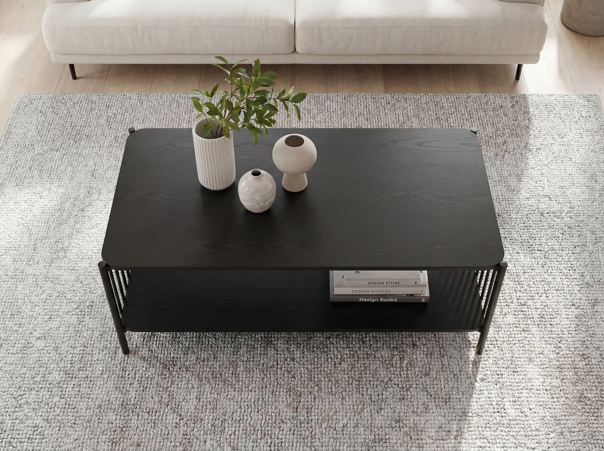 Salontafel 110x60cm Eiken Look Zwart Rechthoekig - Design Metaal