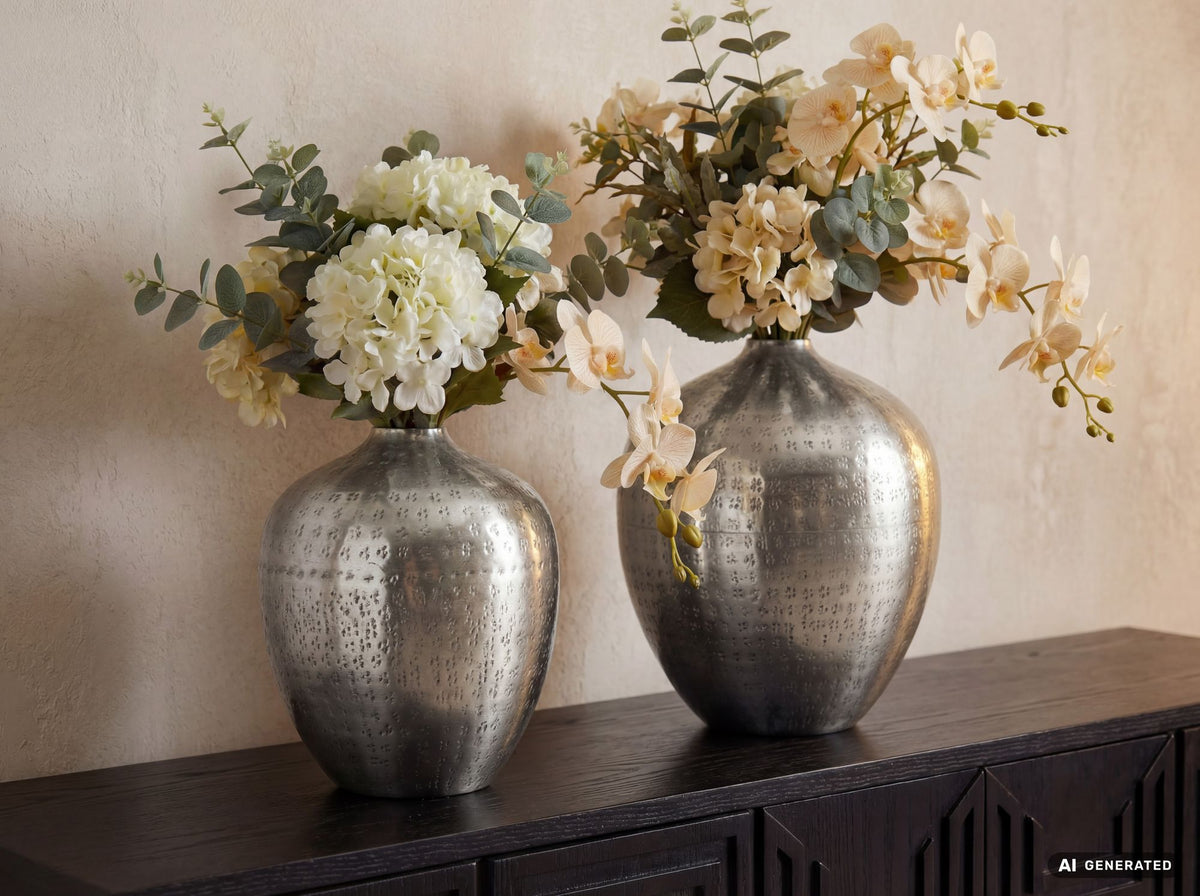 Tafelvaas 2-delige set Aluminium Zilver - Decoratieve vaas rond