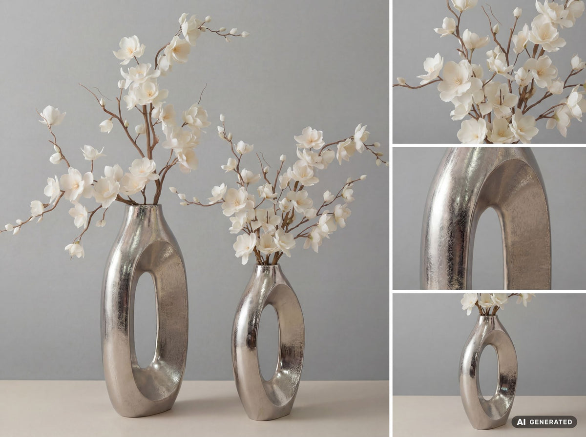 Decoratieve Vaas 2-delige Set Metaal Zilver - Design Bloemenvaas Groot