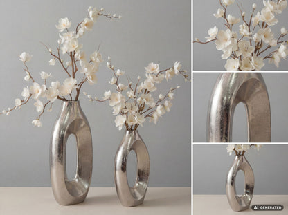 Decoratieve Vaas 2-delige Set Metaal Zilver - Design Bloemenvaas Groot