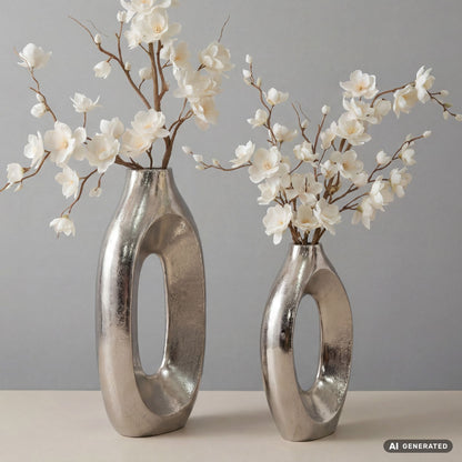 Decoratieve Vaas 2-delige Set Metaal Zilver - Design Bloemenvaas Groot