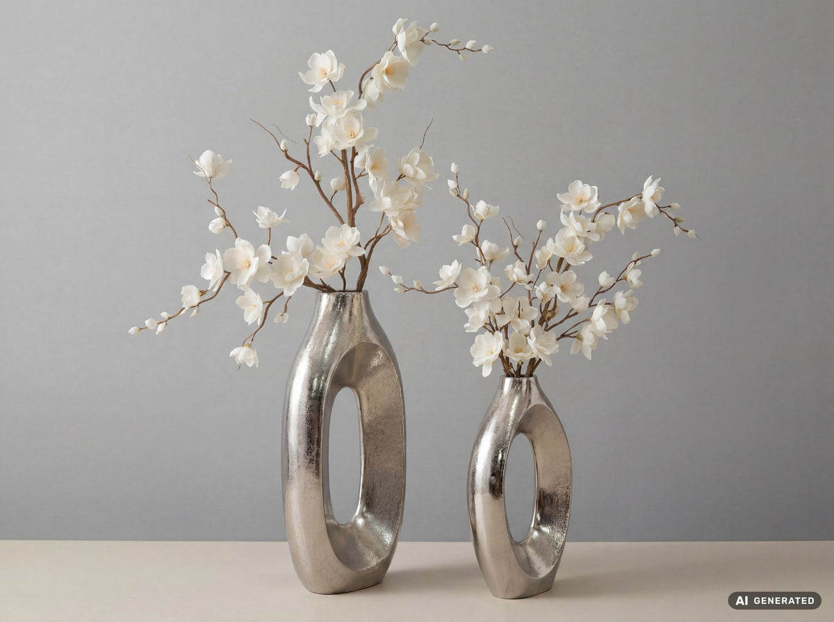 Decoratieve Vaas 2-delige Set Metaal Zilver - Design Bloemenvaas Groot