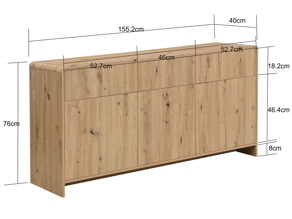 Sideboard Eiken Decor 155cm - Ladekast met 3 Deuren en 3 Laden