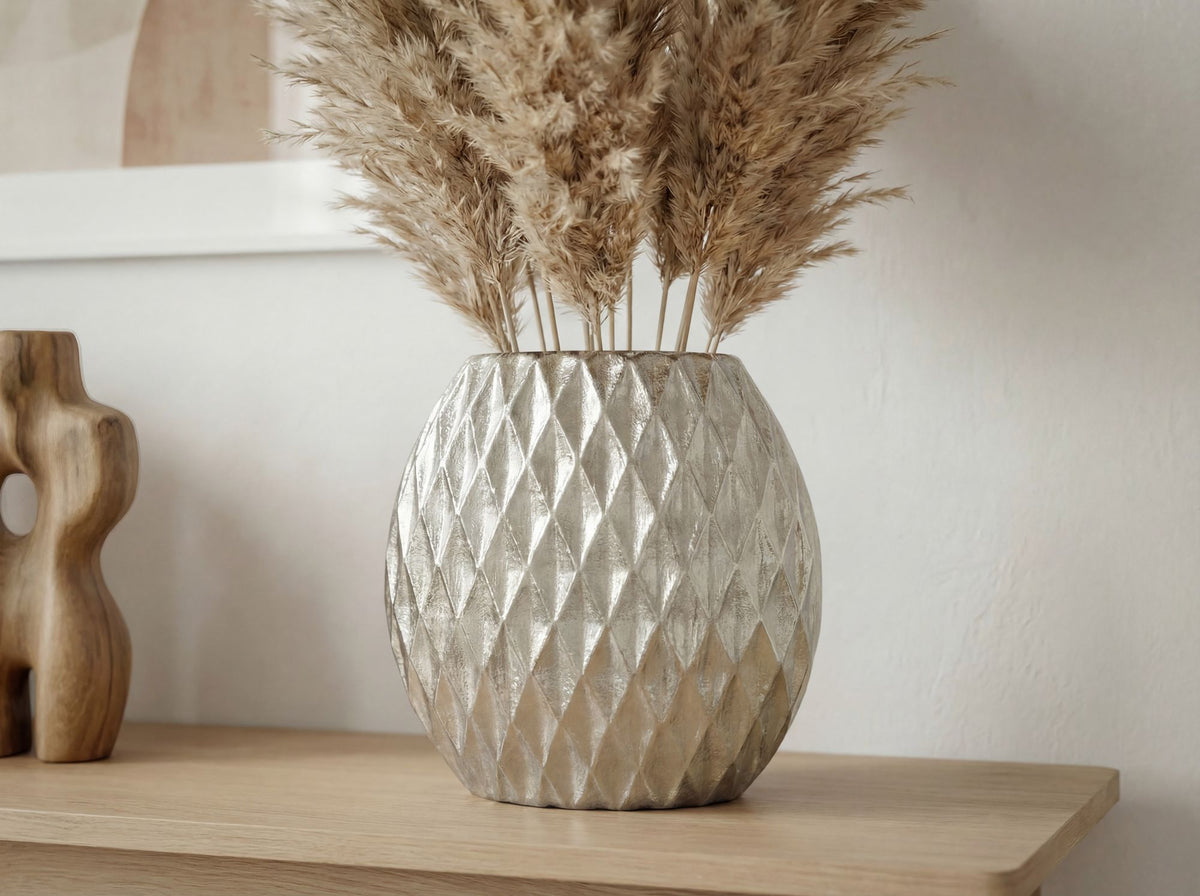 Tafelvaas Aluminium 33,5cm Zilver - Decoratieve vaas rond met ruitpatroon