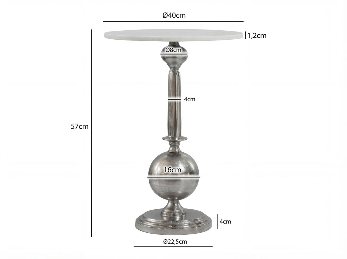 Bijzettafel Rond 40x40cm Zilver met massief marmeren blad Wit