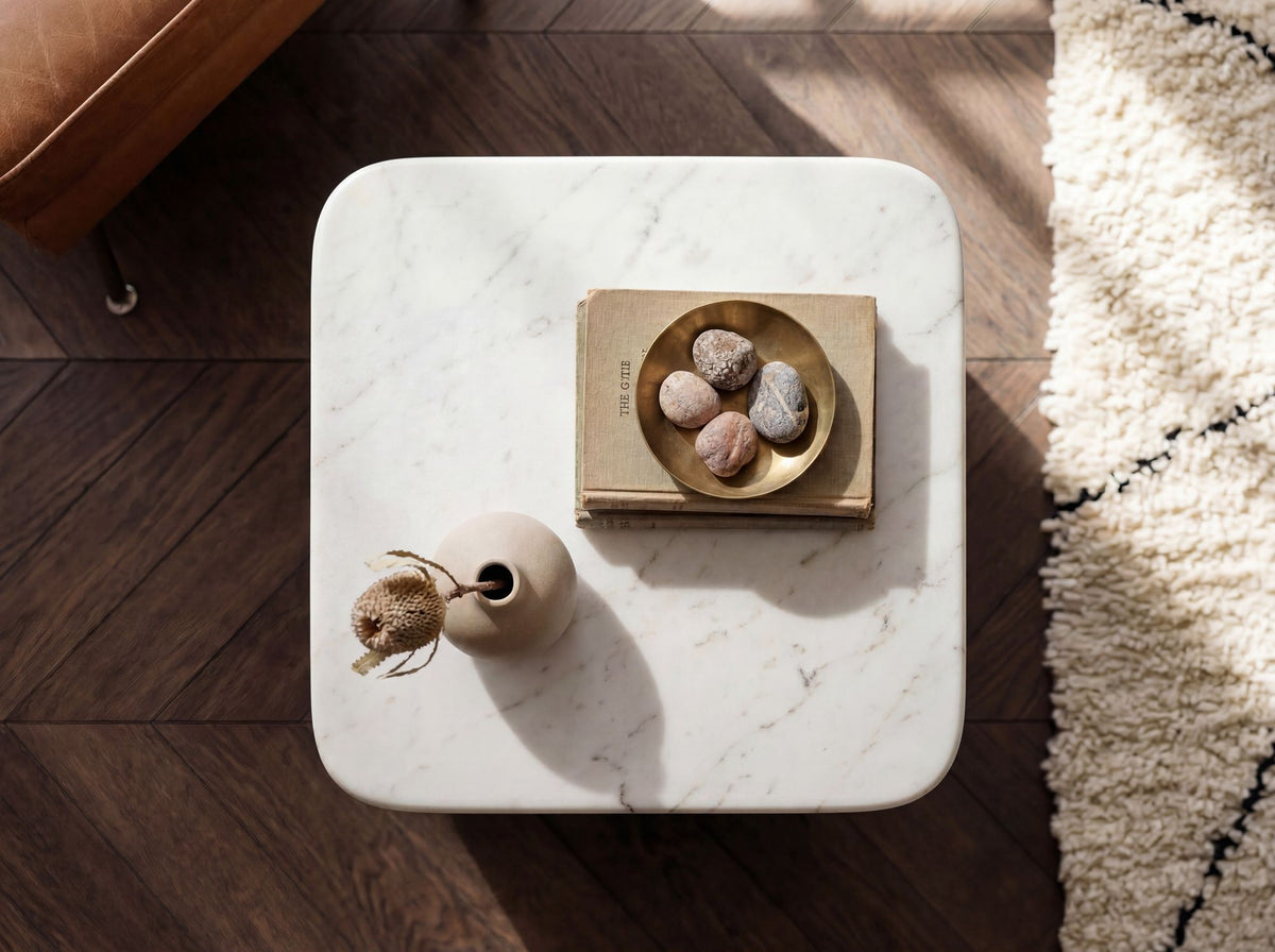 Bijzettafel Metaal met wit Marmer Tafelblad 33cm vierkant - Moderne Bijzettafel