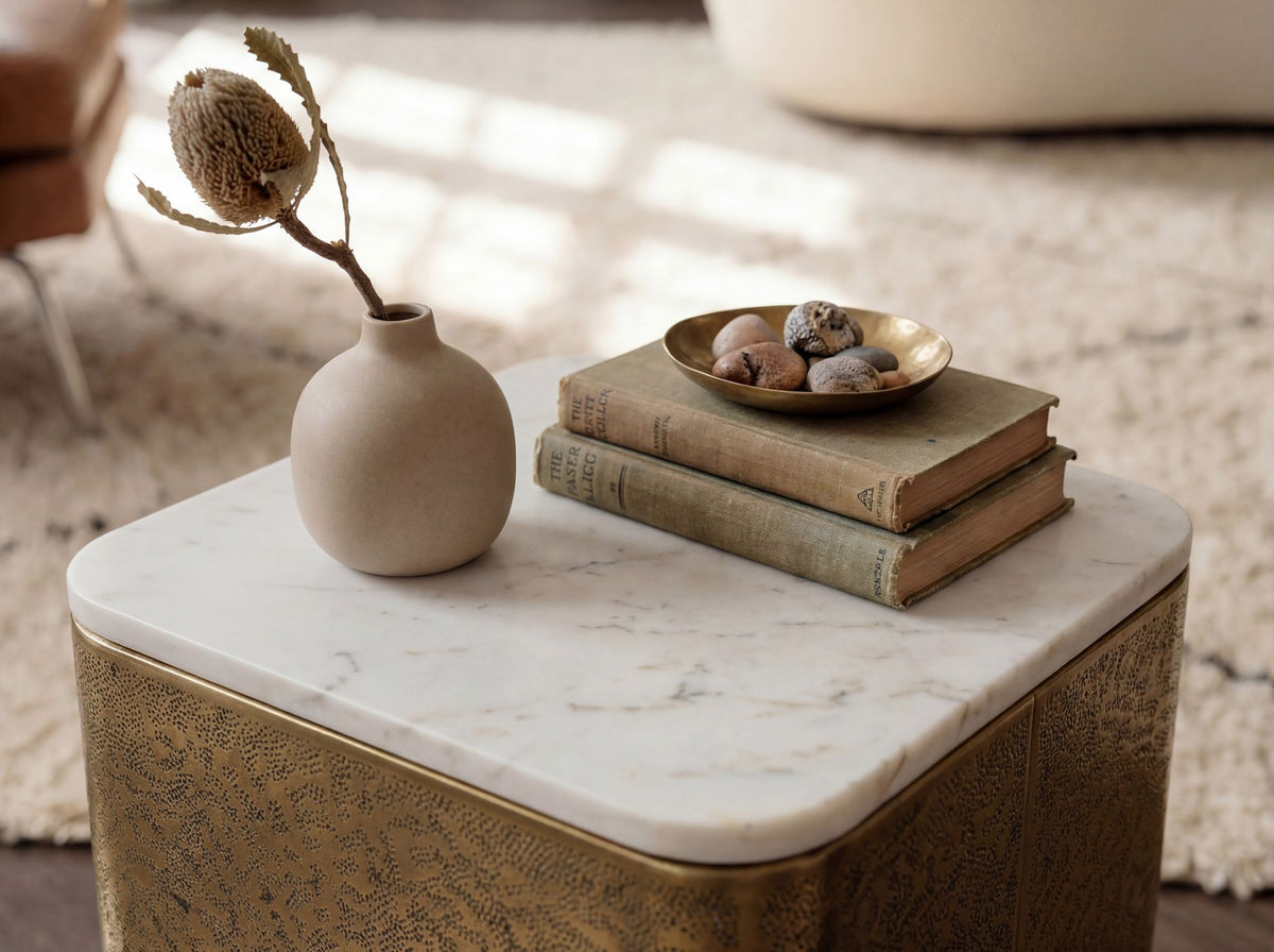 Bijzettafel Metaal met wit Marmer Tafelblad 33cm vierkant - Moderne Bijzettafel