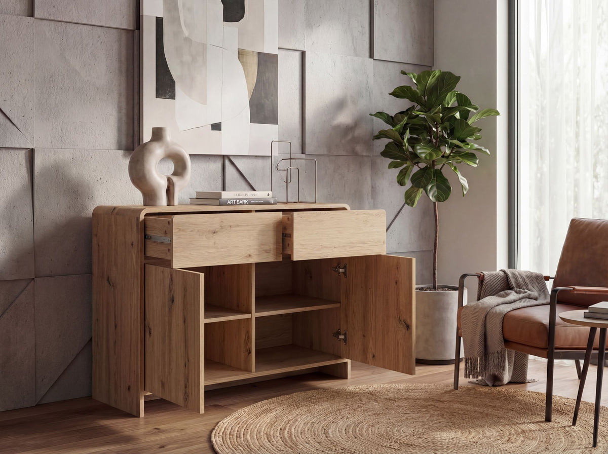 Dressoir Eiken Decor 88cm - Commode met 2 Deuren en 2 Lades