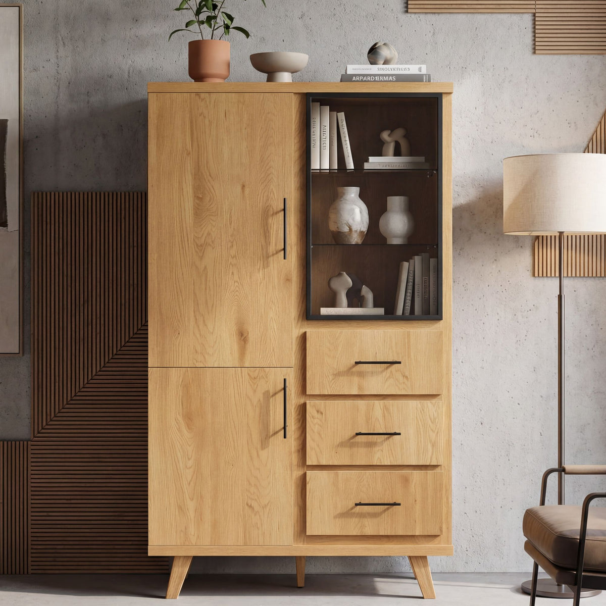 Hoge kast MDF 188cm Eiken Decor Groot met deuren en laden - Design Staande kast
