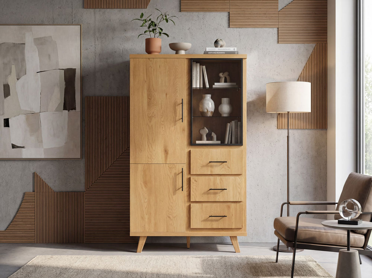 Hoge kast MDF 188cm Eiken Decor Groot met deuren en laden - Design Staande kast