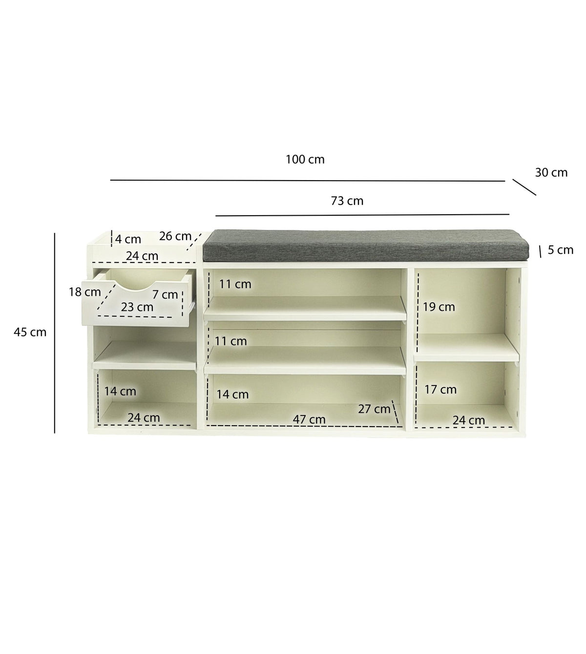 Schoenenbank Hal Wit 100cm met Zitkussen - Zitbank
