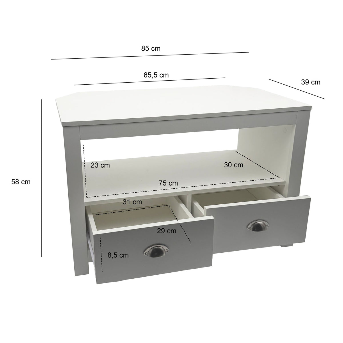 Lowboard TV Meubel Wit 85cm - Compact TV-meubel met twee Lades