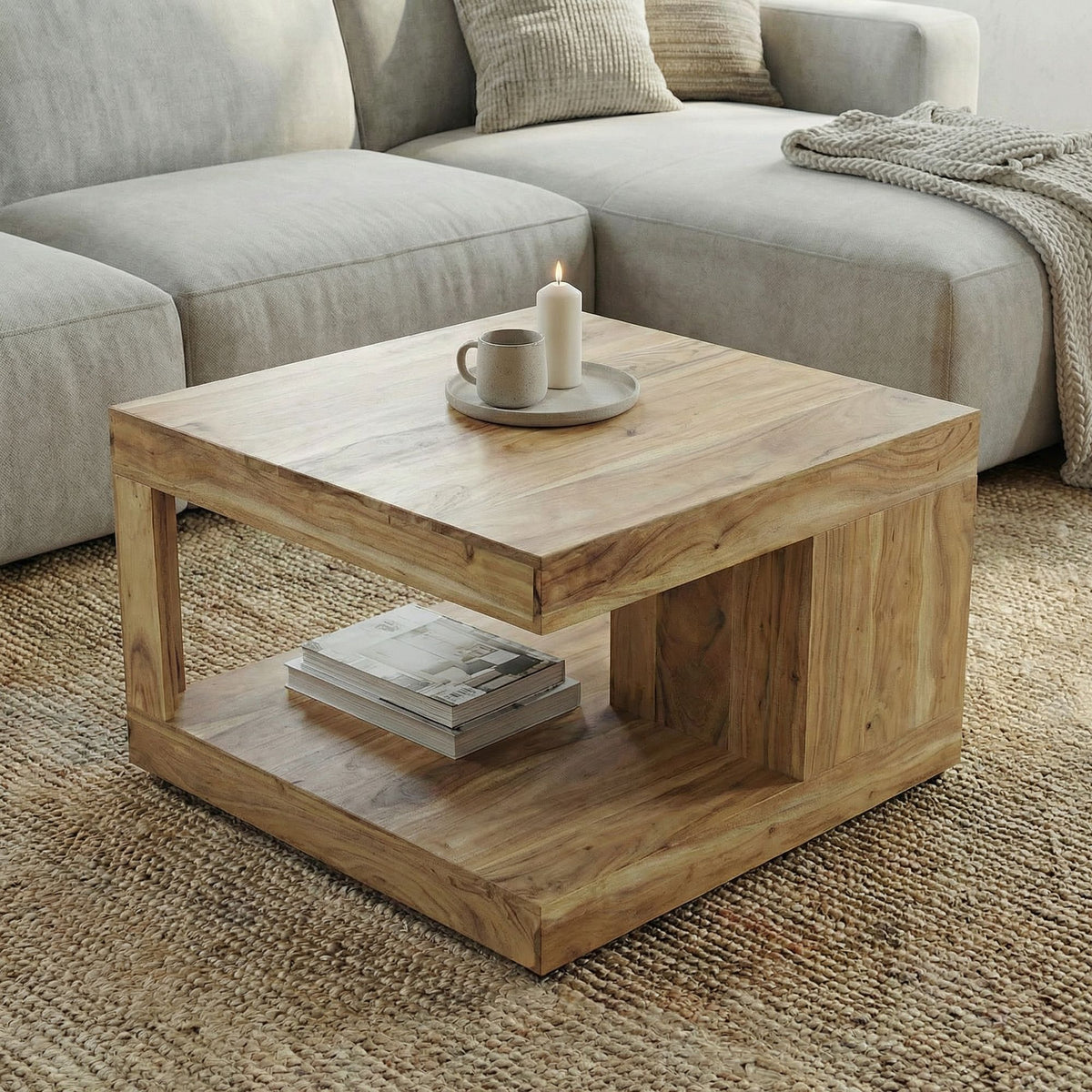 Salontafel Acacia Massief Hout 60cm - Vierkante Woonkamertafel met Opbergvak