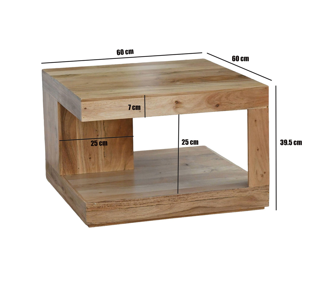 Salontafel Acacia Massief Hout 60cm - Vierkante Woonkamertafel met Opbergvak