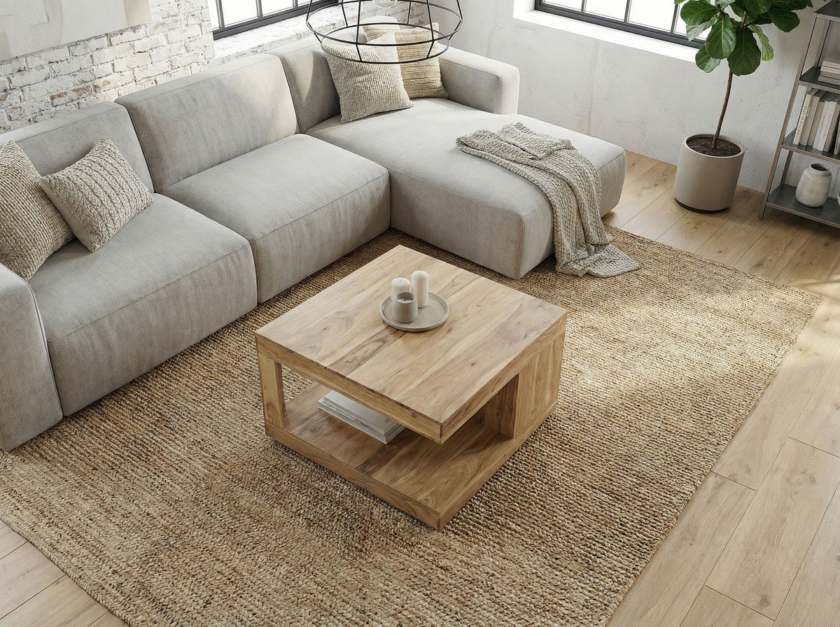 Salontafel Acacia Massief Hout 60cm - Vierkante Woonkamertafel met Opbergvak