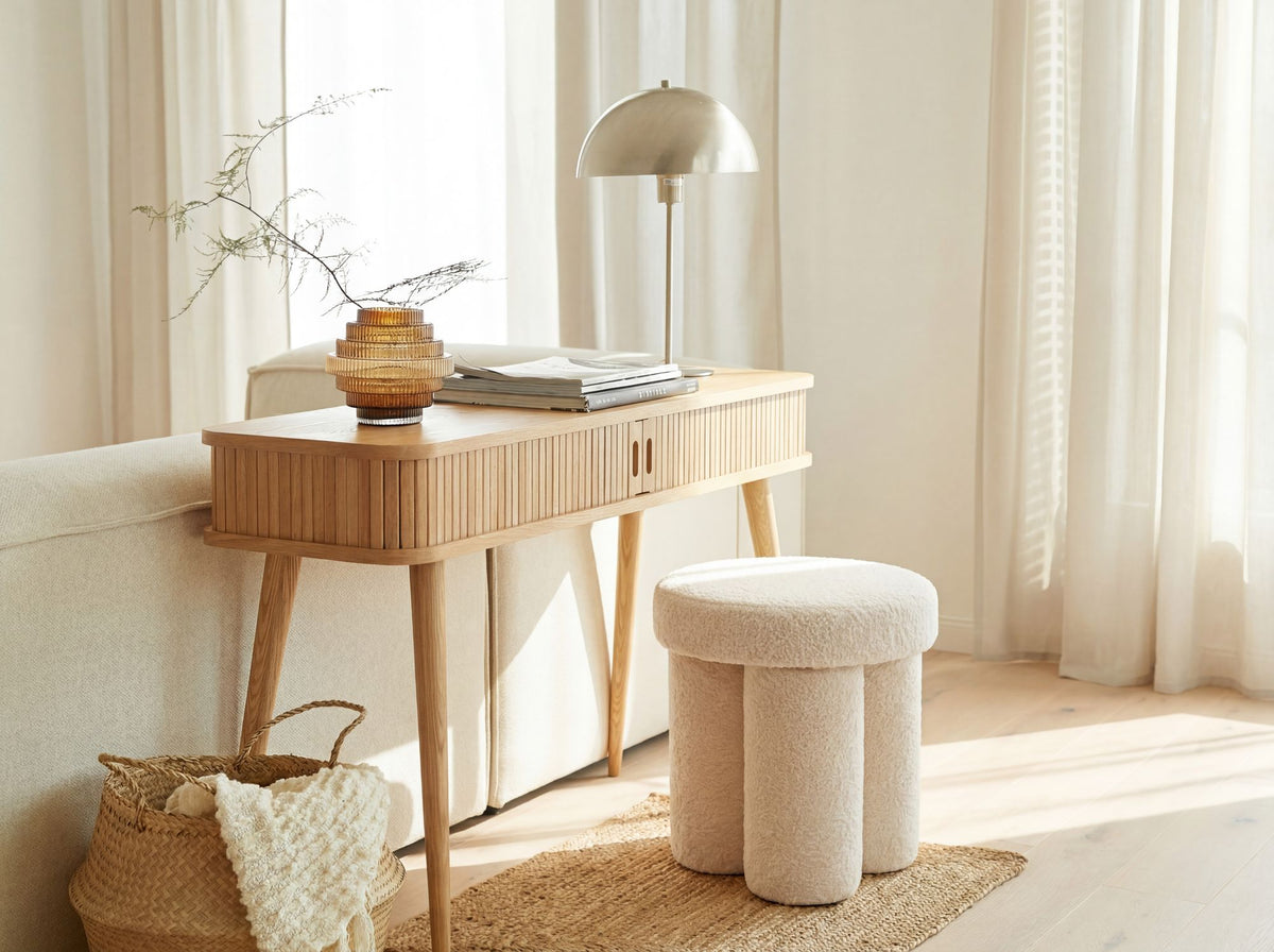 Zitkruk Teddy Stof 40cm Crème Rond - Design Stoffen Kruk op Zuilpoten