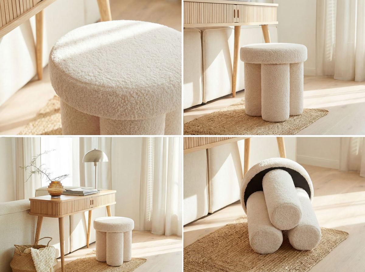 Zitkruk Teddy Stof 40cm Crème Rond - Design Stoffen Kruk op Zuilpoten