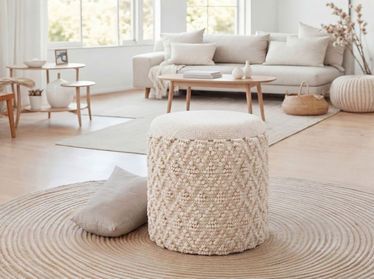 Zitpoef met opbergruimte van wol 40cm Crème Stof Rond
