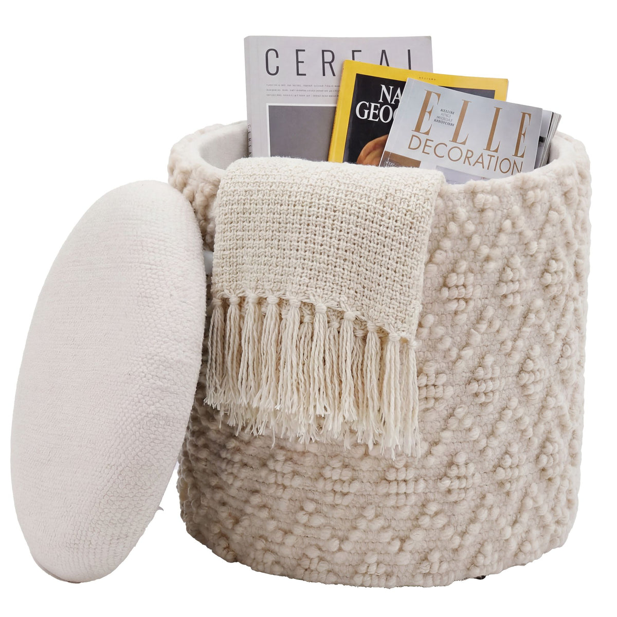 Zitpoef met opbergruimte van wol 40cm Crème Stof Rond