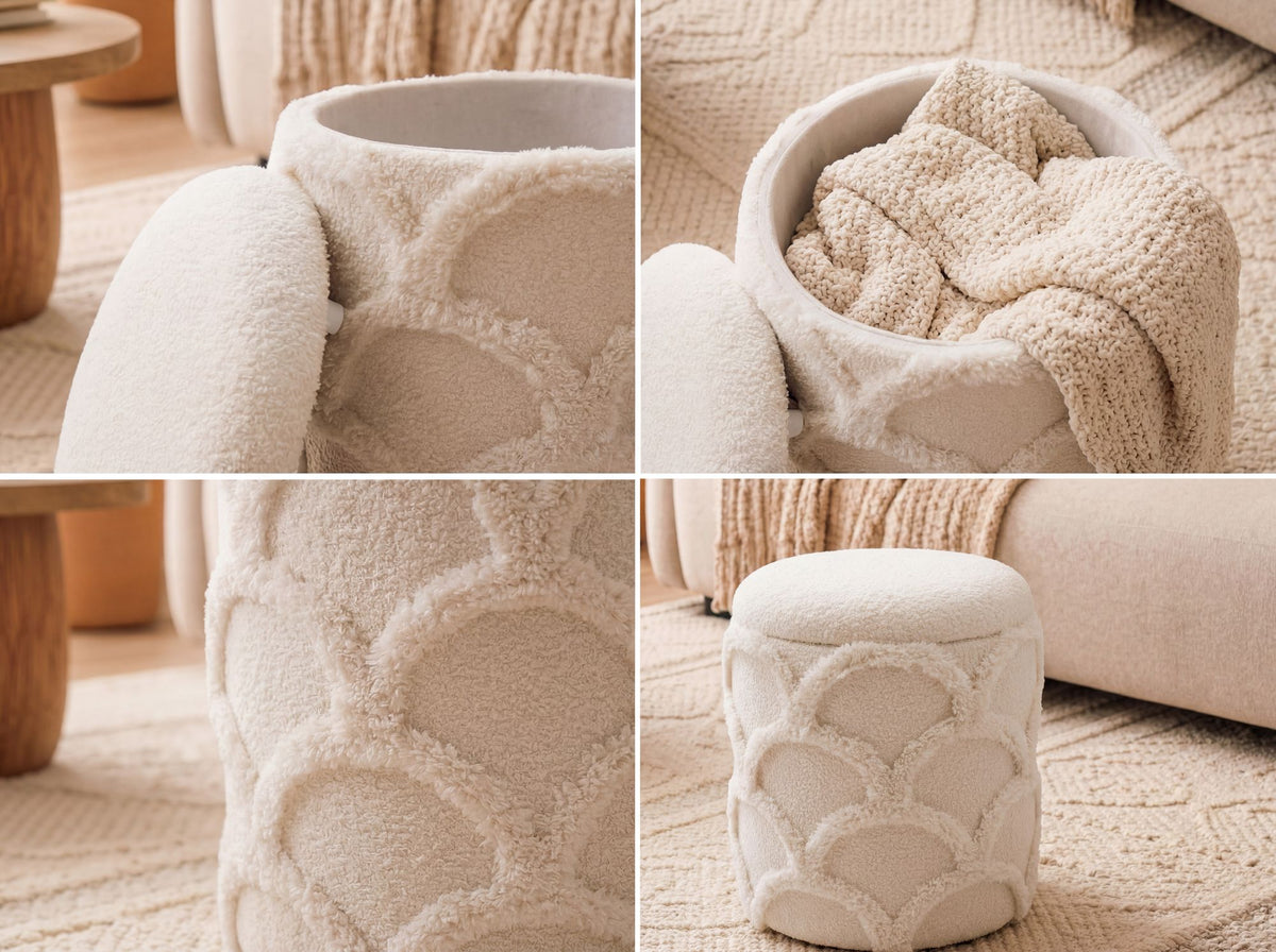 Zitpoef met opbergruimte van teddy stof 40cm Crème Wit Rond
