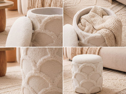 Zitpoef met opbergruimte van teddy stof 40cm Crème Wit Rond