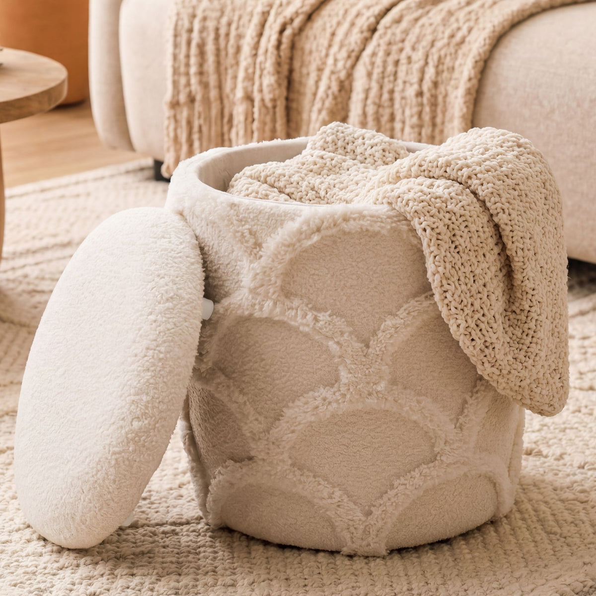 Zitpoef met opbergruimte van teddy stof 40cm Crème Wit Rond