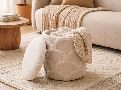 Zitpoef met opbergruimte van teddy stof 40cm Crème Wit Rond