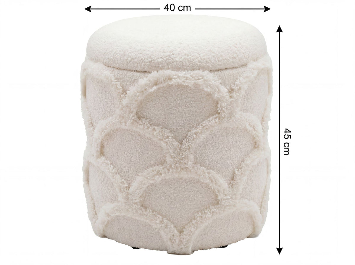 Zitpoef met opbergruimte van teddy stof 40cm Crème Wit Rond