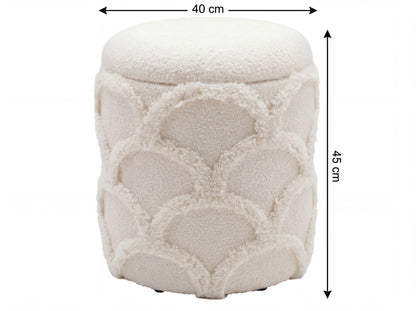 Zitpoef met opbergruimte van teddy stof 40cm Crème Wit Rond
