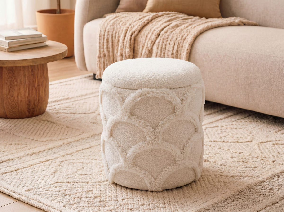 Zitpoef met opbergruimte van teddy stof 40cm Crème Wit Rond