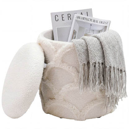 Zitpoef met opbergruimte van teddy stof 40cm Crème Wit Rond