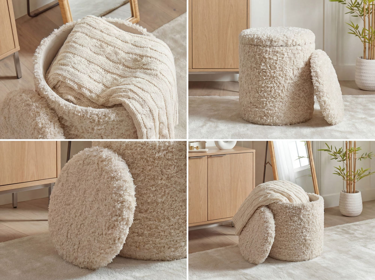 Zitpoef met opbergruimte van wol 40cm Beige Stof Rond