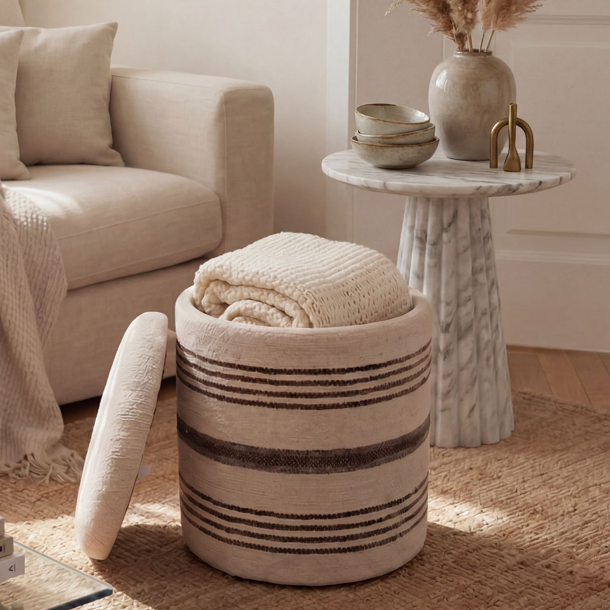Zitkruk met Opbergruimte van Wol 40cm Beige Stof Rond