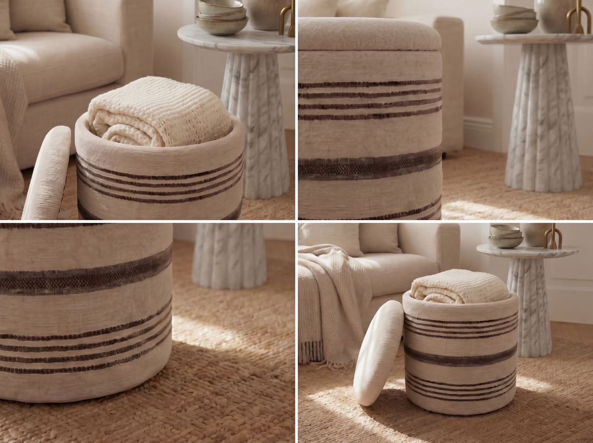 Zitkruk met Opbergruimte van Wol 40cm Beige Stof Rond