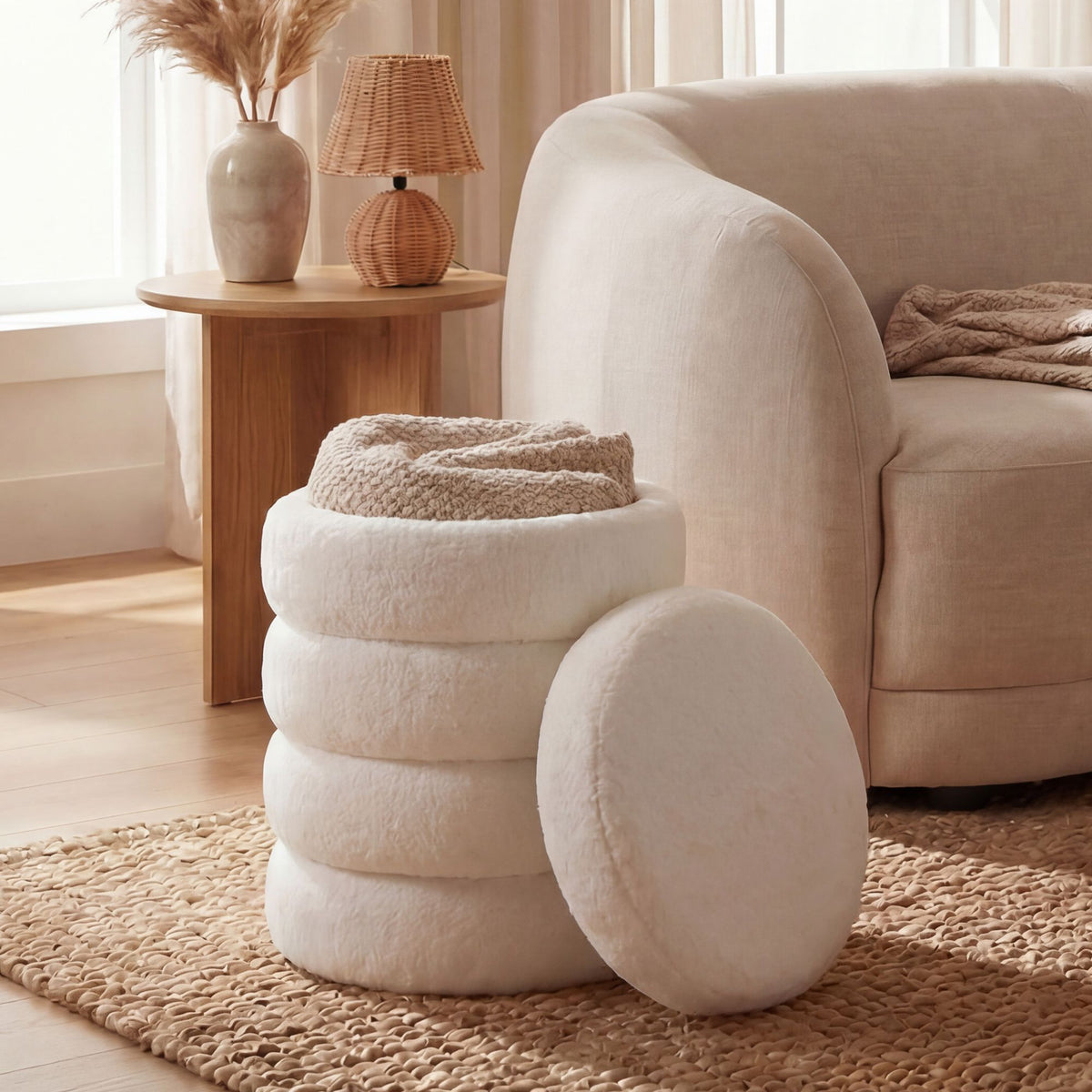 Zitkruk met opbergruimte van Teddy stof 40cm Crème Rond