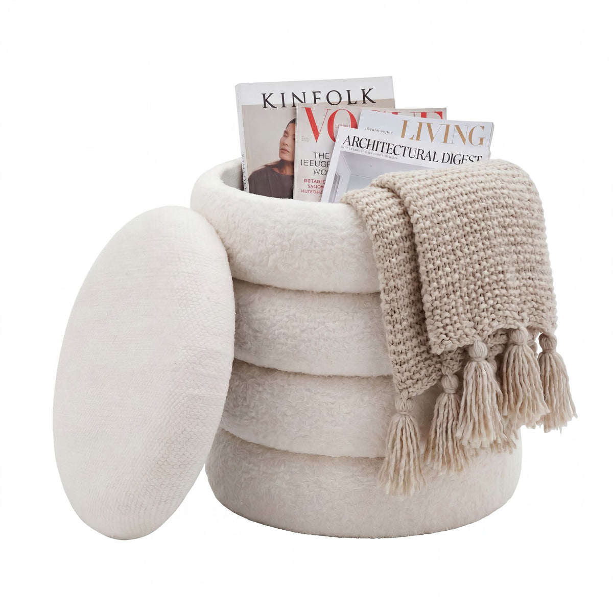 Zitkruk met opbergruimte van Teddy stof 40cm Crème Rond