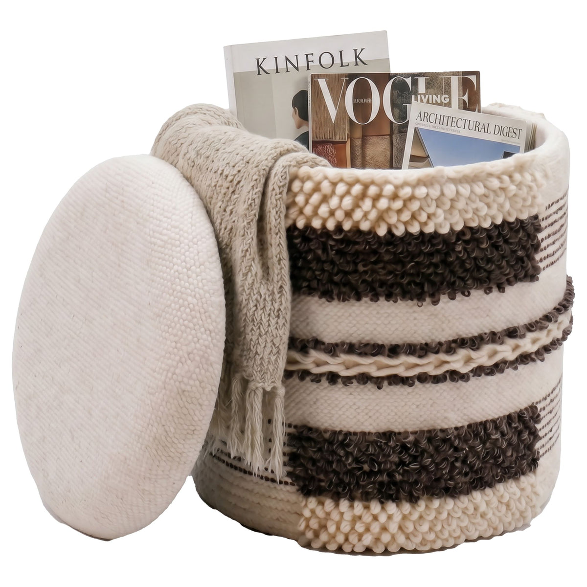 Zitkruk met opbergruimte van wol 40cm Beige Stof Rond