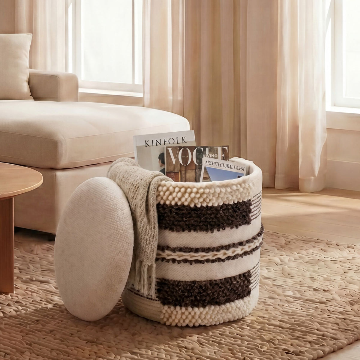Zitkruk met opbergruimte van wol 40cm Beige Stof Rond