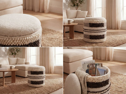 Zitkruk met opbergruimte van wol 40cm Beige Stof Rond