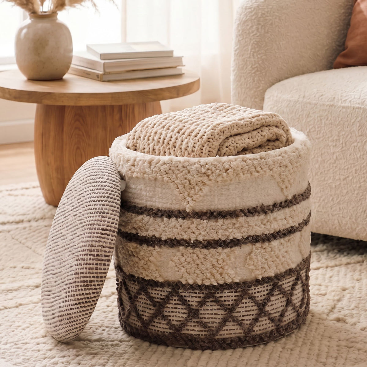 Zitpoef met opbergruimte van wol 40cm Beige Stof Rond