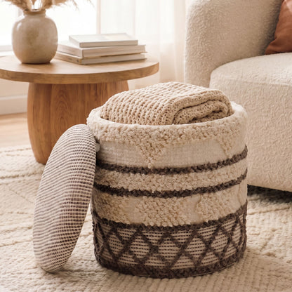Zitpoef met opbergruimte van wol 40cm Beige Stof Rond